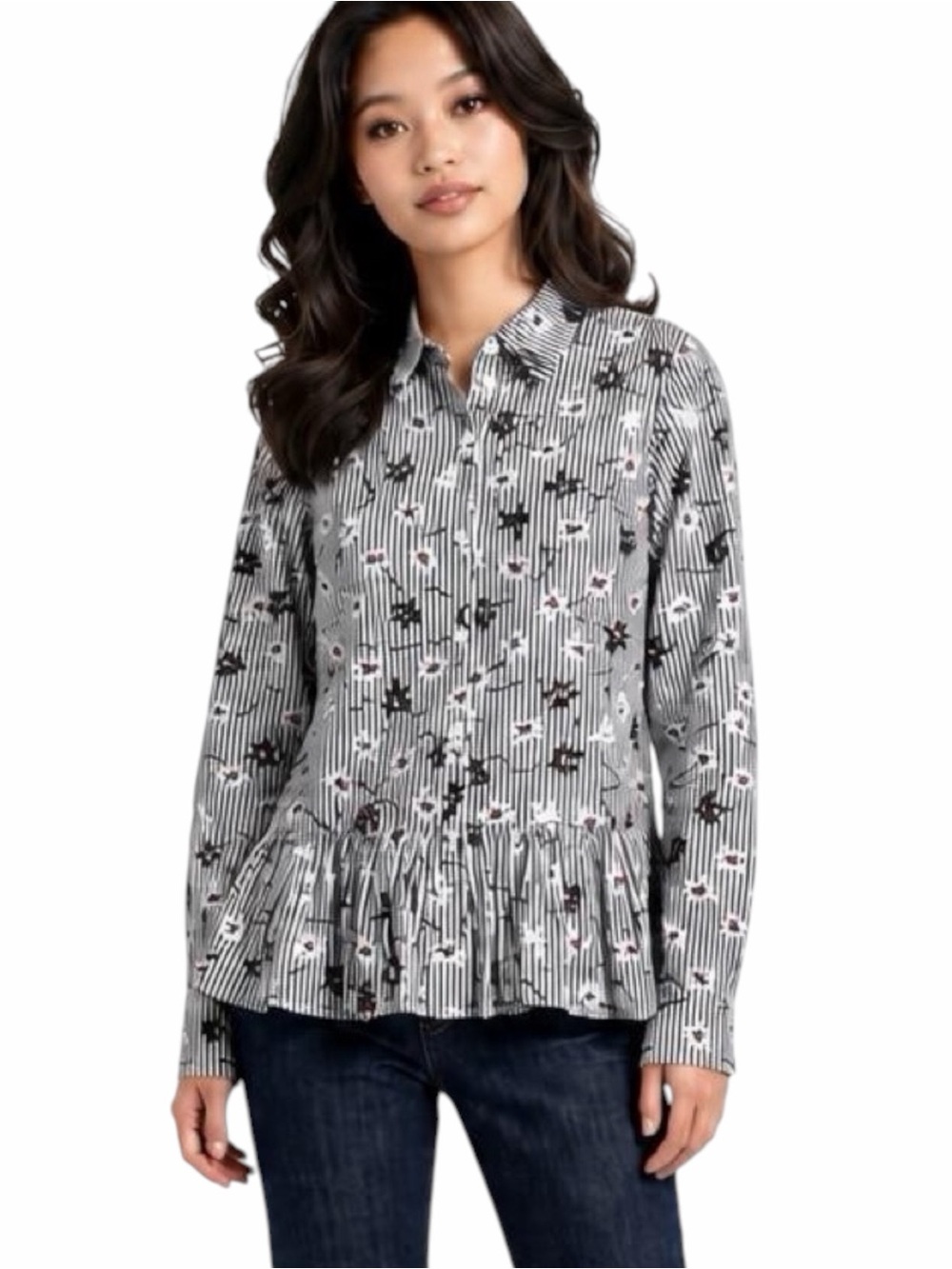 Opening Ceremony Striped Floral Peplum Button Down Shirt